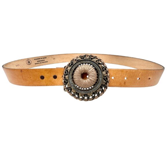 Genuine Top Grain Leather Belt Size 42 Ornate Metal Buckle Brown Silver USA Made main image 4